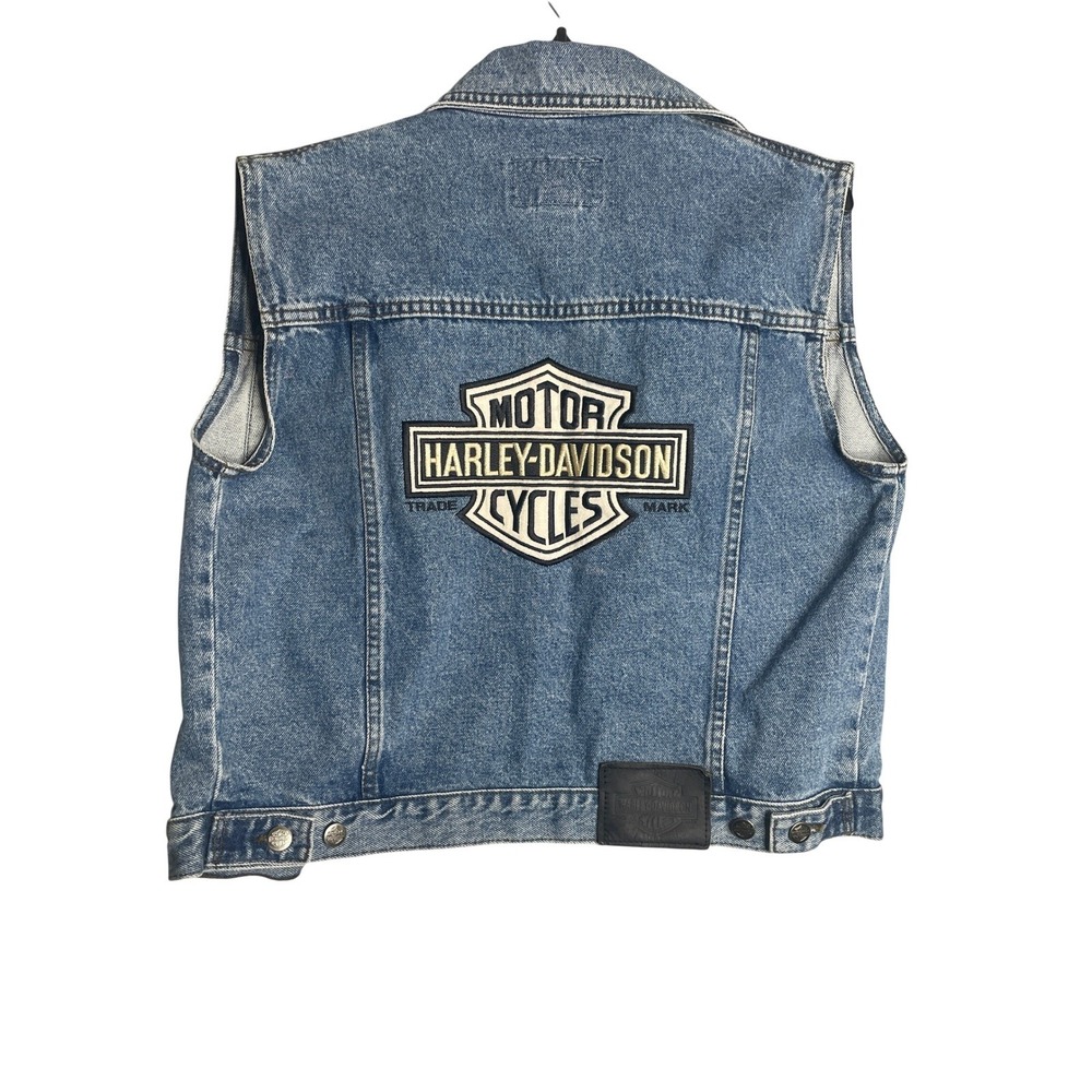 Harley-Davidson Denim Vest Women Medium Blue Embroidered Back Patch Trucker